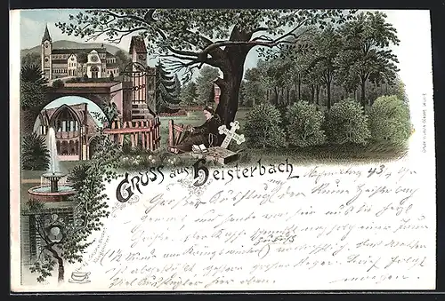 Vorläufer-Lithographie Heisterbach, 1895, Mönch vor einem Grab bei der Kirche
