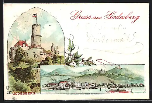 Lithographie Godesberg, Panorama von Ort und Siebengebirge, Godesburg