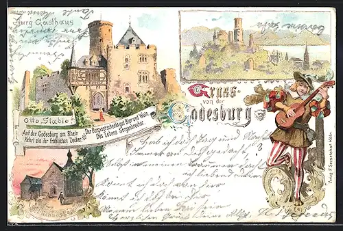 Lithographie Godesburg, Burg Gasthaus mit St. Michaelis Kapelle