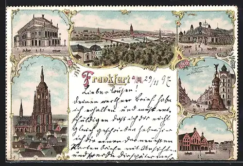 Lithographie Frankfurt a. M., Kaiserstrasse und Uhrturm, Hauptbahnhof, Opernhaus