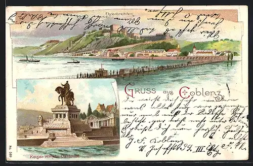 Lithographie Koblenz, Kaiser Wilhelm-Denkmal und Festung Ehrenbreitstein