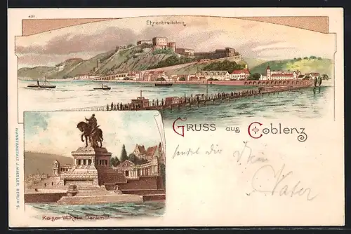 Lithographie Koblenz, Kaiser Wilhelm-Denkmal und Festung Ehrenbreitstein