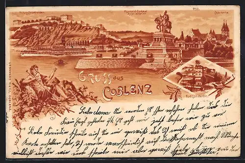 Lithographie Coblenz, Fort Constantin, Totale mit Provinzial-Denkmal Kaiser Wilhelm I.