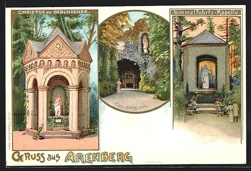 Lithographie Arenberg, Christus als Gebundener, Lourdesgrotte & Himmelfahrts-Kapelle