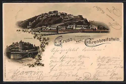 Lithographie Ehrenbreitstein, Blick zur Festung, Carthaus