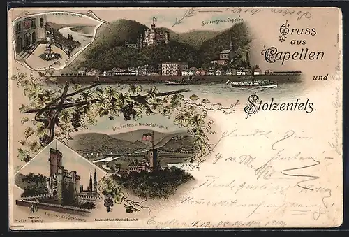 Lithographie Capellen / Koblenz, Ortsansicht mit Stolzenfels, Blick nach Niederlahnstein
