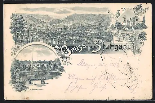 Vorläufer-Lithographie Stuttgart, 1894, K. Residenzschloss, Eugensbrunnen, Panorama