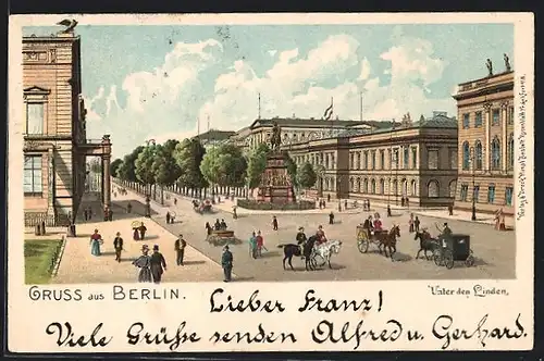 Lithographie Berlin, Unter den Linden, Passanten und Spaziergänger