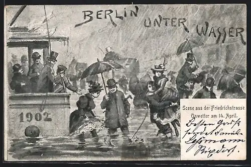 Künstler-AK Berlin, Hochwasser nach Unwetter am 14. April 1902, Strassenbahn