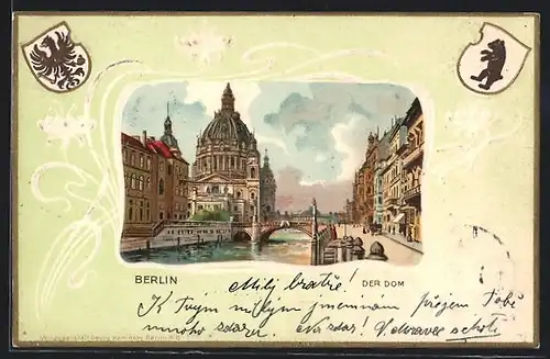 Passepartout-Lithographie Berlin, der Dom mit Wappen