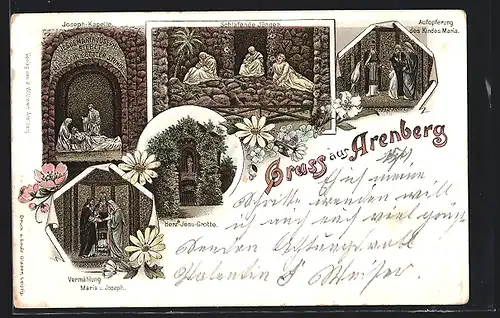 Lithographie Arenberg, Schlafende Jünger, Joseph-Kapelle, Aufopferung des Kindes Maria, Herz-Jesu-Grotte
