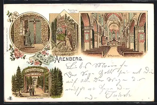 Lithographie Arenberg, Inneres der Kirche, Rosenkranz Gruppe, St. Antonius, Die Fussstapfen Jesu