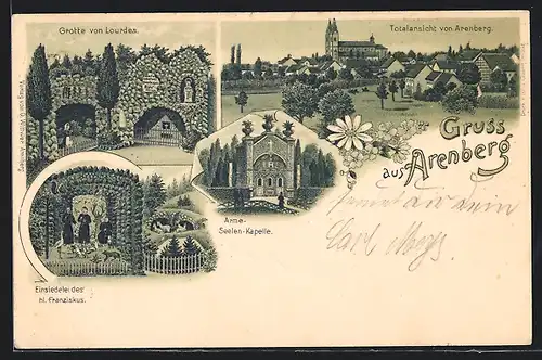 Lithographie Arenberg, Grotte von Lourdes, Totalansicht, Einsiedelei des hl. Franziskus