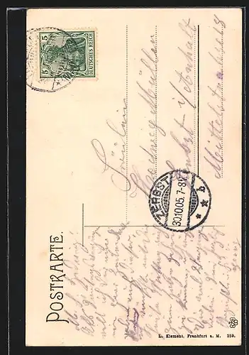 AK Frankfurt a. M., Schwalben fliegen über die Brücke der Stadt