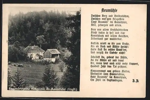 AK Neumühle / Kemnitztal, Blick zum Gasthof, Gedicht