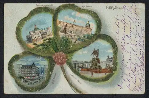 Passepartout-Lithographie Berlin, Reichstagsgebäude, Kgl. Schloss, Nationaldenkmal und Cafè Bauer in einem Kleeblatt