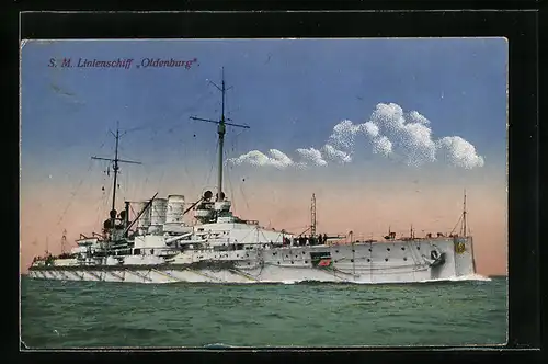 AK Kriegsschiff SM Linienschiff Oldenburg auf See