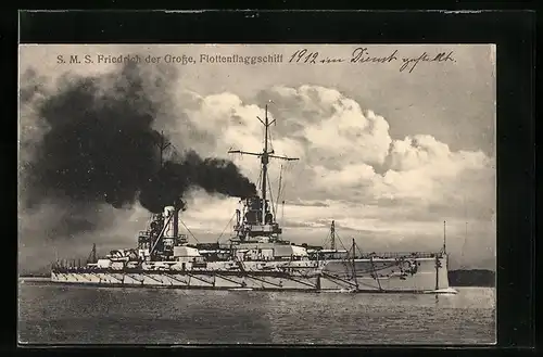 AK Flottenflagschiff S.M.S. Friedrich der Grosse unter Volldampf