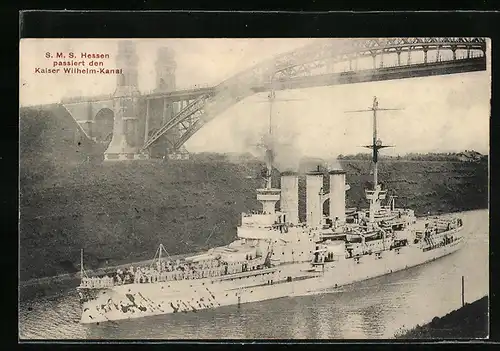 AK Kriegsschiff SMS Hessen unter der Grünentaler Hochbrücke