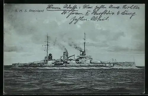 AK S. M. S. Rheinland auf dem Wasser