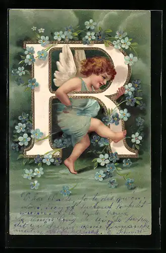 Lithographie Engel trägt den Buchstaben R mit Blumenranken Vergissmeinnicht
