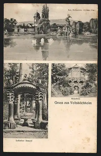 AK Veitshöchheim, Kgl. Hofgarten mit Grossem See, Mithräum & indischem Tempel