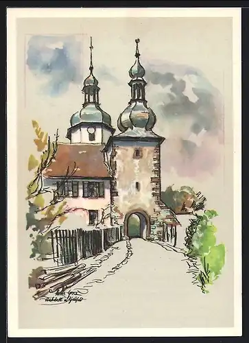 Künstler-AK Aubstadt im Grabfeld, Strassenpartie an der Kirche