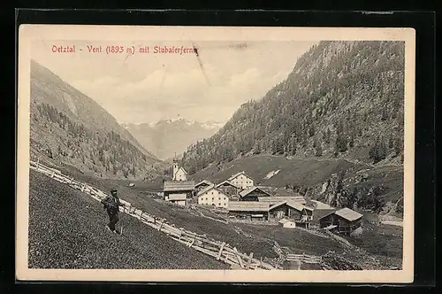 AK Vent, Hirte auf der Wiese mit Stubaierferner