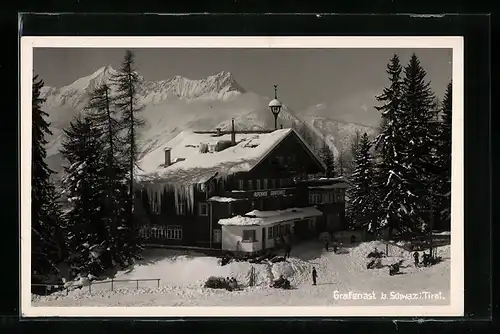 AK Grafenast b. Schwaz, Alpengasthof Grafenast im Schnee