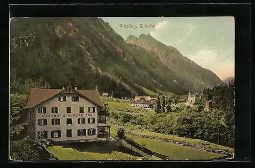 AK Ginzling / Zillertal, Gasthaus Neu-Ginzling mit Blick zum Ort