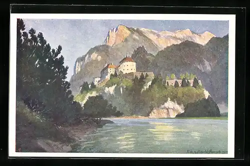 Künstler-AK Kufstein, Innpartie mit Kaisergebirge