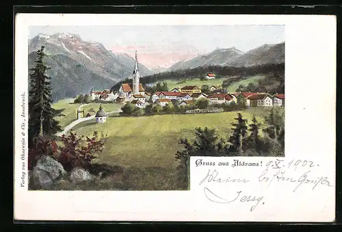 AK Aldrans, Ortsansicht mit Kirche gegen die Berge