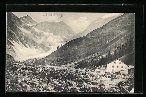 AK Mittelberg i. Pitztal, Gasthaus gegen schwarze Schneide, Grabkogl und Mittelbergferner