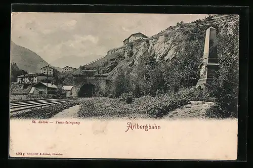 AK St. Anton, Eingang zum Arlbergbahn-Tunnel, Denkmal