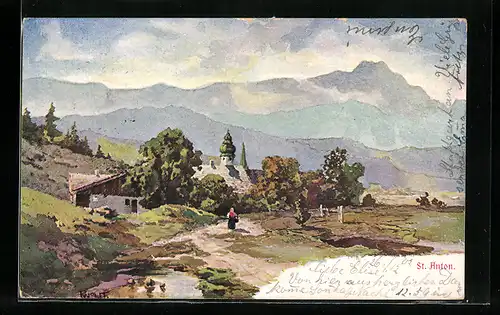 AK St. Anton, Ortsansicht mit Kirche und Alpenpanorama