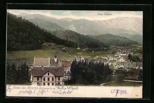 AK Mürzsteg (Steiermark), Ortsansicht gegen die Hohe Veitsch