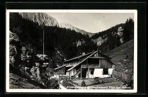 AK Aflenz, Alpengasthaus Schwabenbartl Fölz gegen die Berge