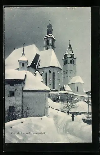 AK Kitzbühel, Pfarrkirche und Frauenkirche im Schnee