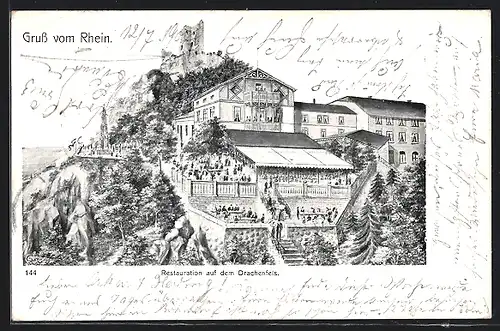 Künstler-AK Drachenfels, Gruss vom Rhein, Restauration auf dem Drachenfels