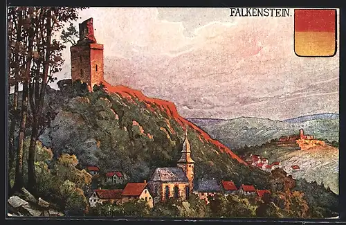 Künstler-AK Falkenstein /Taunus, Blick auf Kirchturm und Bergturm und Wappen