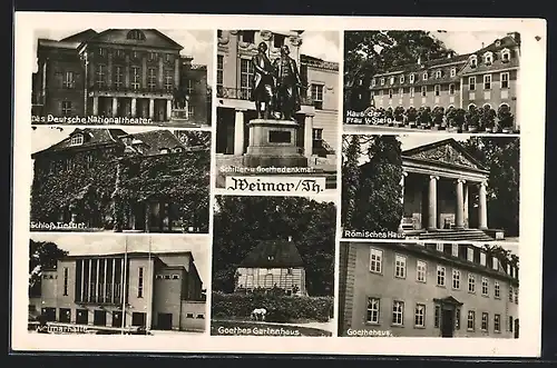 AK Weimar i. Thür., Schiller & Goethe Denkmal, Nationaltheater & Weimarhalle