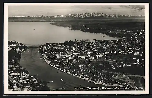 AK Konstanz /Bodensee, Rheinausfluss und Schweizer Alpen