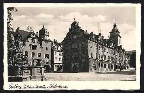 AK Gotha, Rathaus mit Ratskeller & Schellenbrunnen am Hauptmarkt