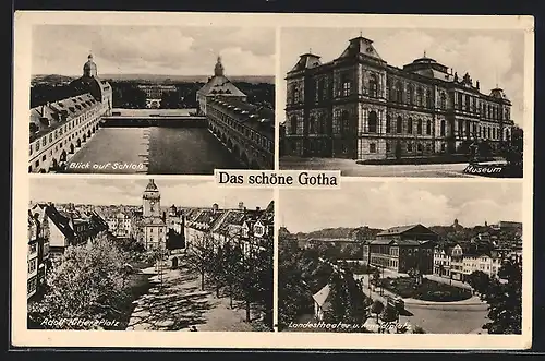 AK Gotha, Schloss aus der Vogelschau, Strassenpartie mit Museum und Platz