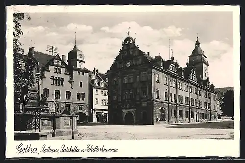 AK Gotha, Rathaus mit Ratskeller & Schellenbrunnen am Hauptmarkt