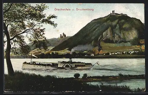 AK Drachenfels, Rheinpartie mit Dampfer und Drachenburg