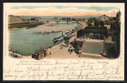 AK Dresden, Brühl`sche Terrasse und Elbquai vom Turm der kath. Hofkirche aus gesehen