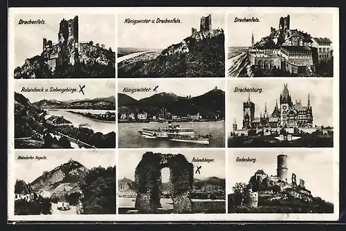 AK Burgruine Drachenfels, Königswinter, Drachenburg, Rolandseck u. Siebengebirge, Godesburg, Rhöndorfer Kapelle