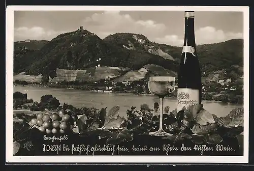 AK Rhöndorf, Gesamtansicht, Weinflasche Drachenblut mit Weinglas