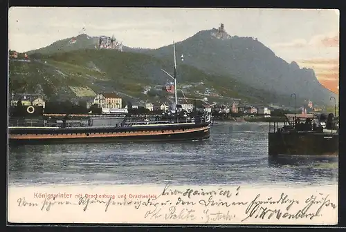 AK Königswinter, Blick auf die Rheinschifffahrt und Ruine Drachenfels